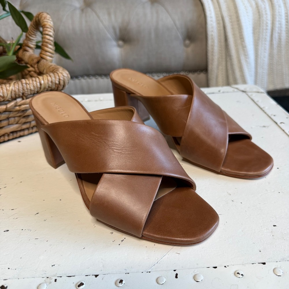 NISOLO Carina CrissCross Heeled Mule Brandy Brown Leather Women's Size 8.5